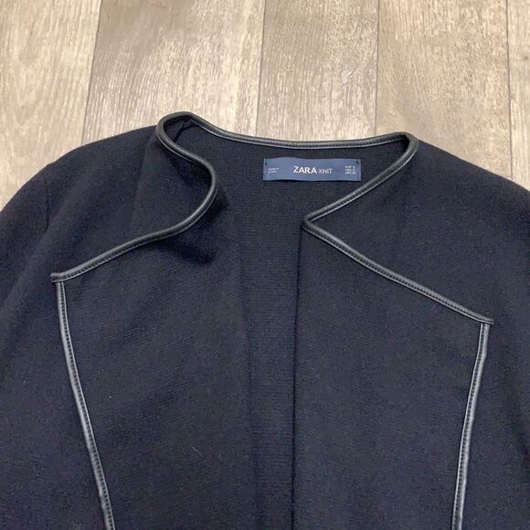 Womens Zara Knit Faux Leather Trim Open Cardigan Long Sweater - Picture 7 of 8